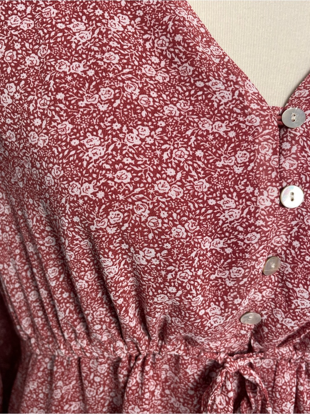 V-Neck Drawstring Waist Long-Sleeve Mini Dress — Rose - Picture 5 of 8